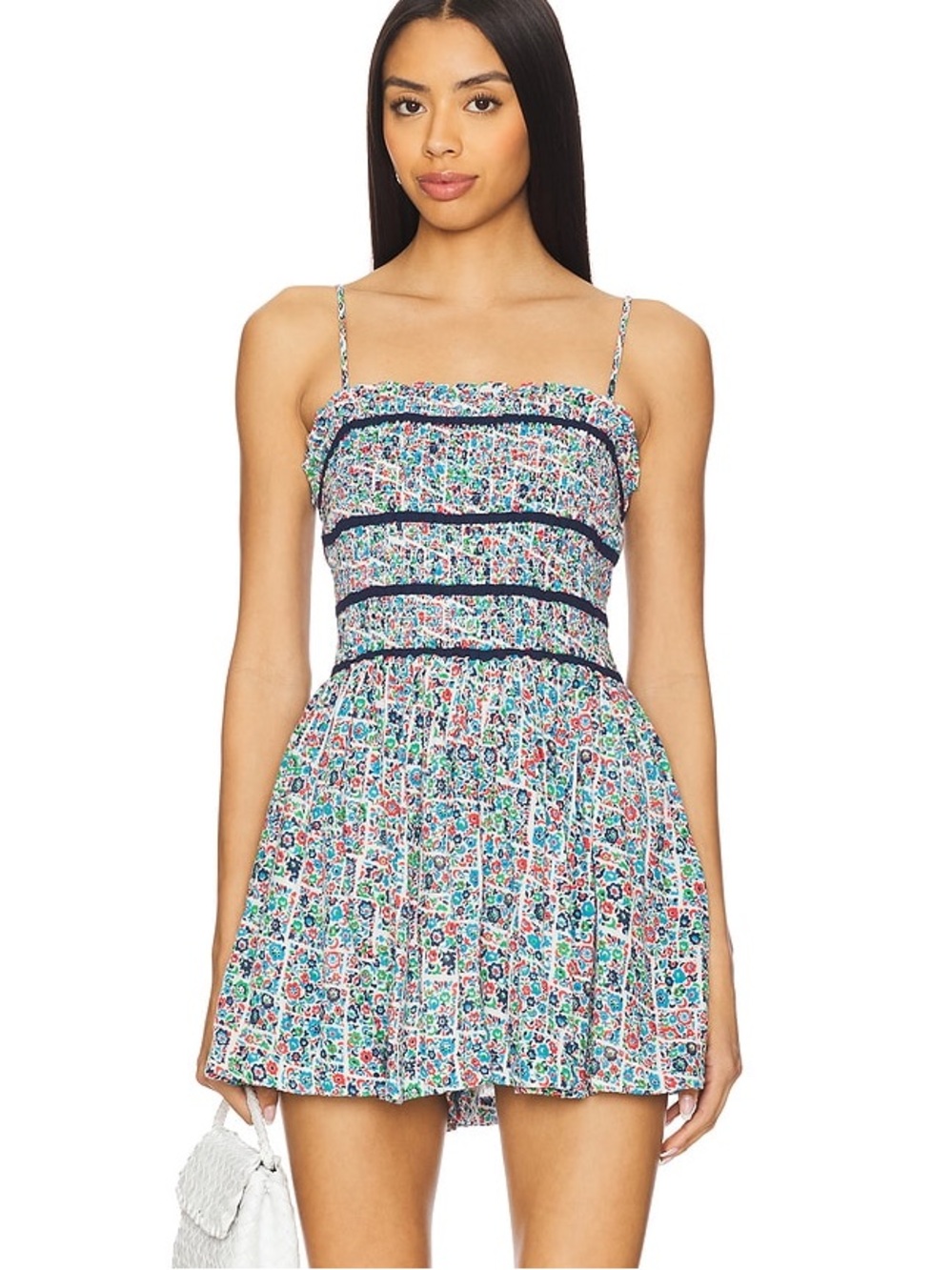 Free People Multicolor Floral Romper with Navy Trim